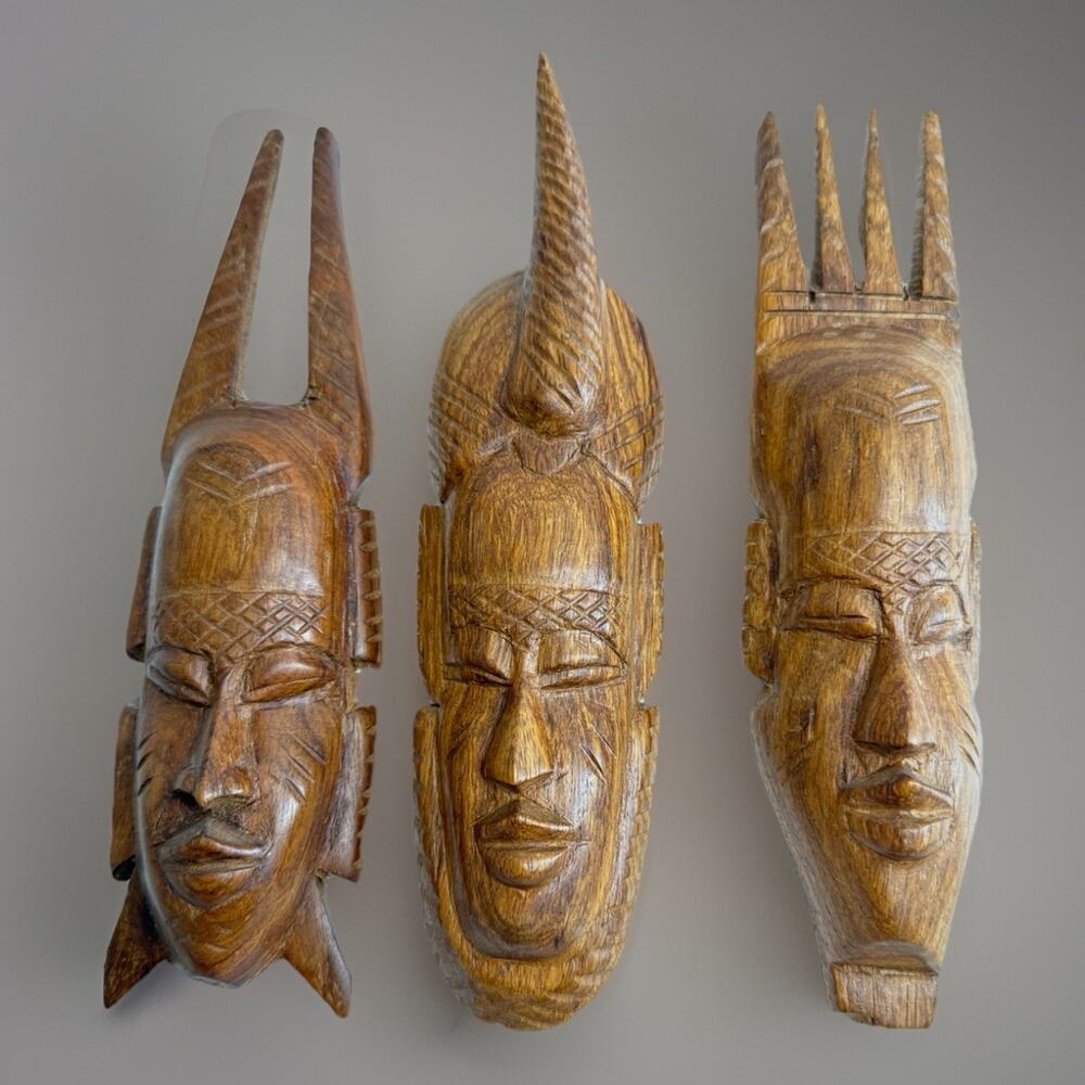 Vintage Hand Carved Wood African Senegal Faces Tribal Masks Decor Set 3 Small 8"